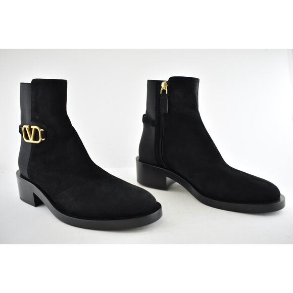 Valentino V Logo Gold Black Suede Block Heel Short Ankle Chelsea Zip Bootie 37.5 - Picture 2 of 10